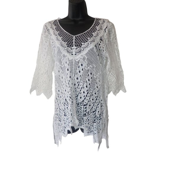 Mind Set By XCVI Womens White Lace Crochet Tunic Cover Up Top S Beach Hi Low - Picture 1 of 8